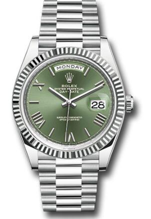 Replica Rolex Platinum Day-Date 40 Watch 228236 Fluted Bezel Olive Green Roman 6 Dial President Bracelet - Click Image to Close